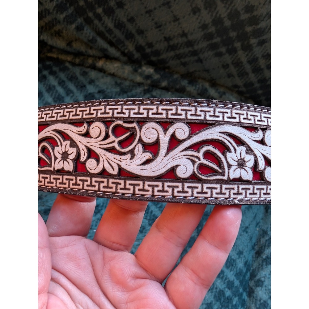 HG Cinturones Mens Brown Leather Western Belt Floral Cutout Red White Mexico 40 - Picture 5 of 10